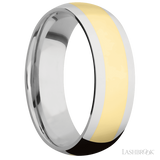 7 mm wide/Domed/14K White Gold band with one 4 mm Centered inlay of 14K Yellow Gold.