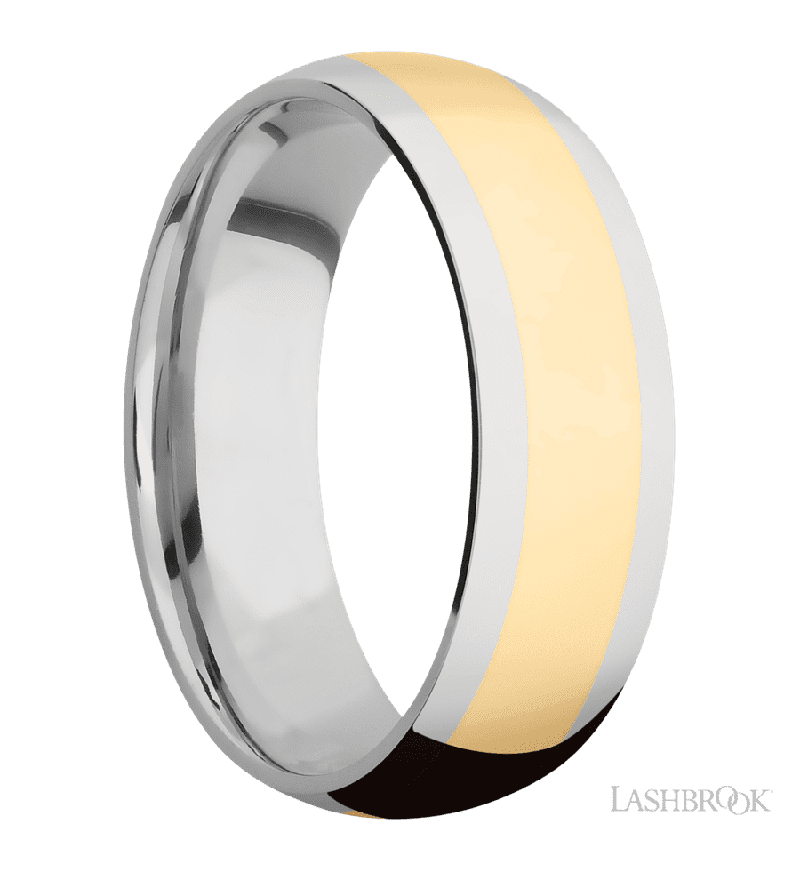 7 mm wide/Domed/14K White Gold band with one 4 mm Centered inlay of 14K Yellow Gold.