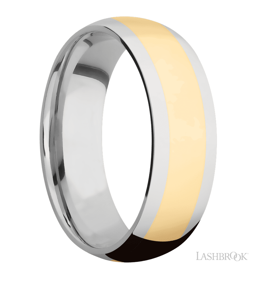 7 mm wide/Domed/14K White Gold band with one 4 mm Centered inlay of 14K Yellow Gold.