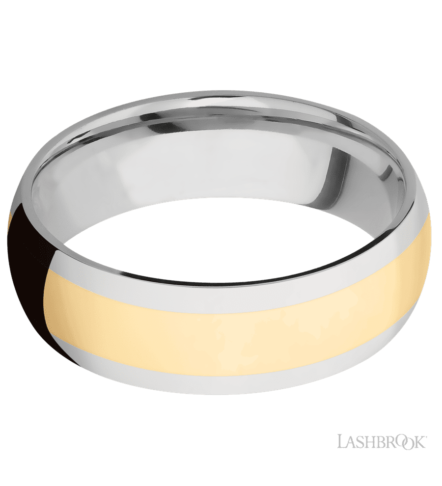 7 mm wide/Domed/14K White Gold band with one 4 mm Centered inlay of 14K Yellow Gold.