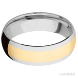 7 mm wide/Domed/14K White Gold band with one 4 mm Centered inlay of 14K Yellow Gold.