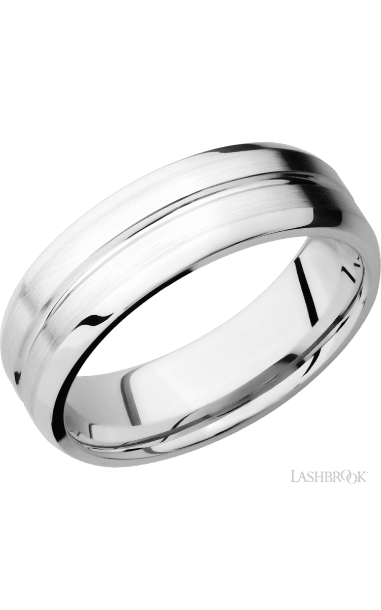 7 mm wide Beveled with Center Accent Groove 14K White Gold band. - Diamonds By Rothschild
