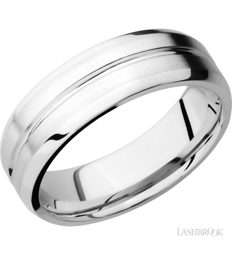 7 mm wide Beveled with Center Accent Groove 14K White Gold band. - Diamonds By Rothschild