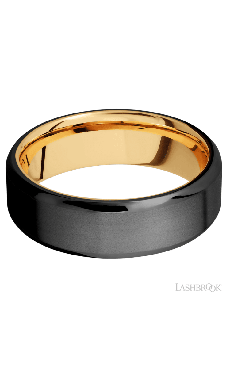 7 mm wide Beveled Zirconium band featuring a 14K Yellow Gold sleeve. - Diamonds By Rothschild