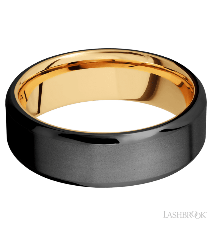 7 mm wide Beveled Zirconium band featuring a 14K Yellow Gold sleeve. - Diamonds By Rothschild