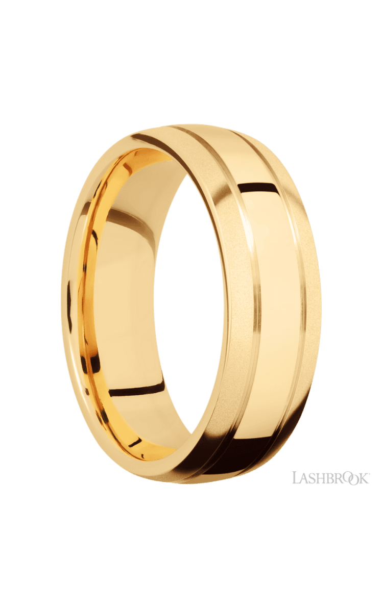 7 mm wide Domed with two accent grooves 14K Yellow Gold band. - Diamonds By Rothschild