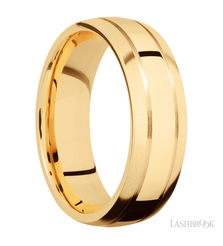 7 mm wide Domed with two accent grooves 14K Yellow Gold band. - Diamonds By Rothschild