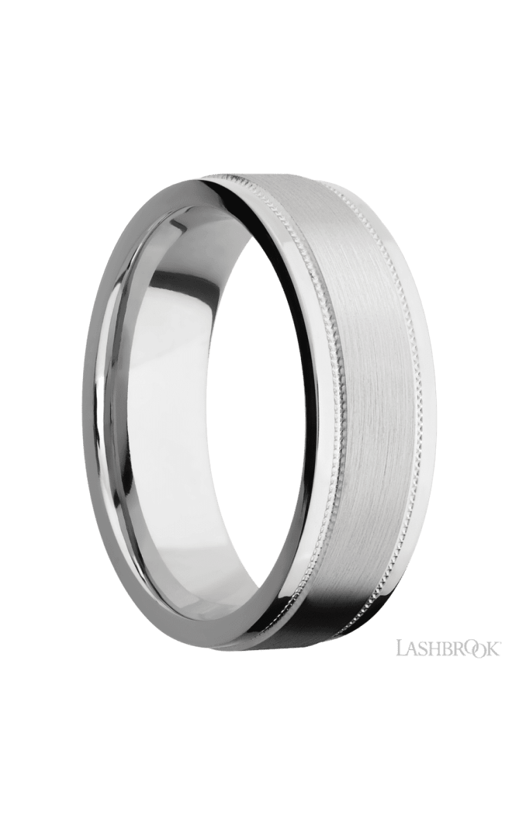 7 mm wide Flat Stepped Edges Milgrain 14K White Gold band. - Diamonds By Rothschild