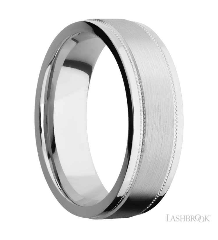 7 mm wide Flat Stepped Edges Milgrain 14K White Gold band. - Diamonds By Rothschild