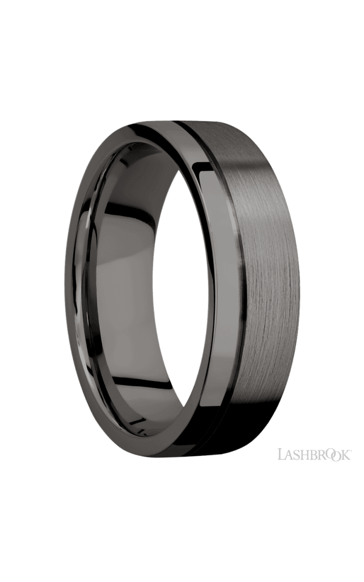 7 mm wide Flat with Off Center Accent Groove Tantalum Noir band. - Diamonds By Rothschild
