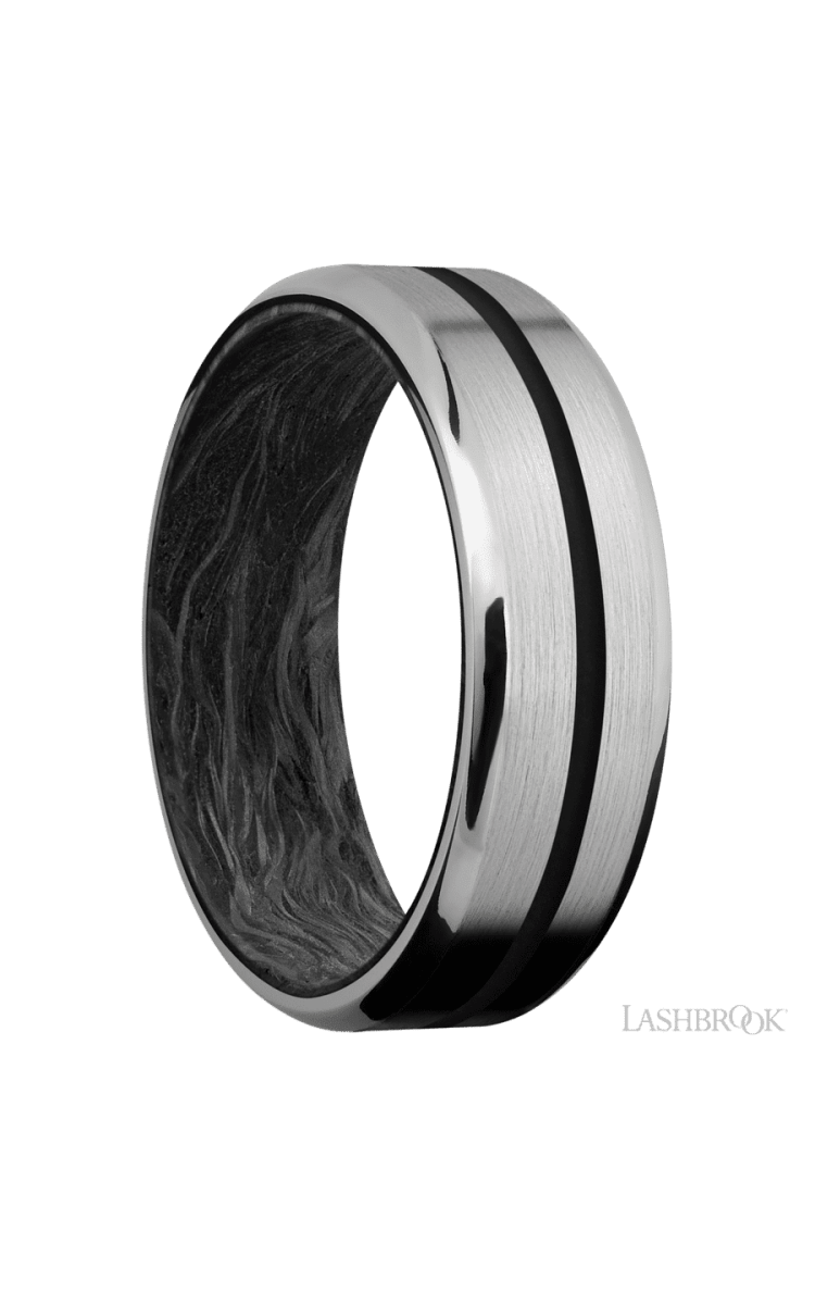 7 mm wide/Beveled/Titanium band with one 1 mm Centered inlay of Black also featuring a Forged Carbon Fiber sleeve. - Diamonds By Rothschild
