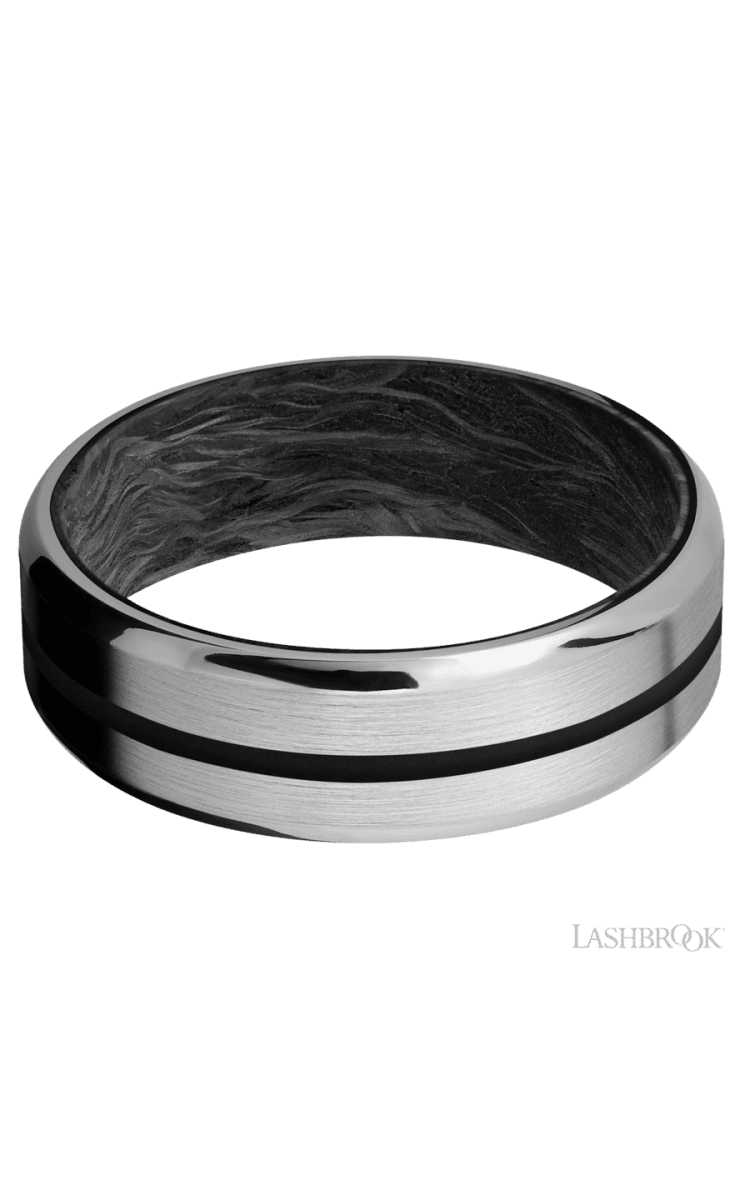 7 mm wide/Beveled/Titanium band with one 1 mm Centered inlay of Black also featuring a Forged Carbon Fiber sleeve. - Diamonds By Rothschild