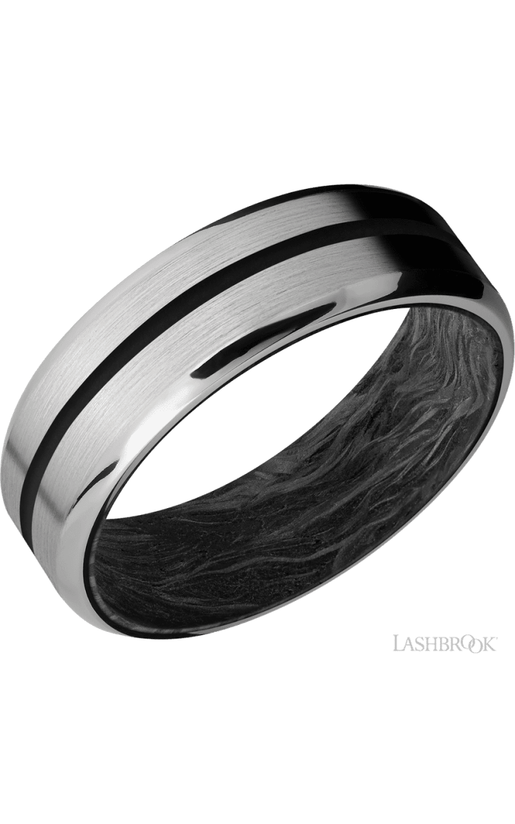 7 mm wide/Beveled/Titanium band with one 1 mm Centered inlay of Black also featuring a Forged Carbon Fiber sleeve. - Diamonds By Rothschild