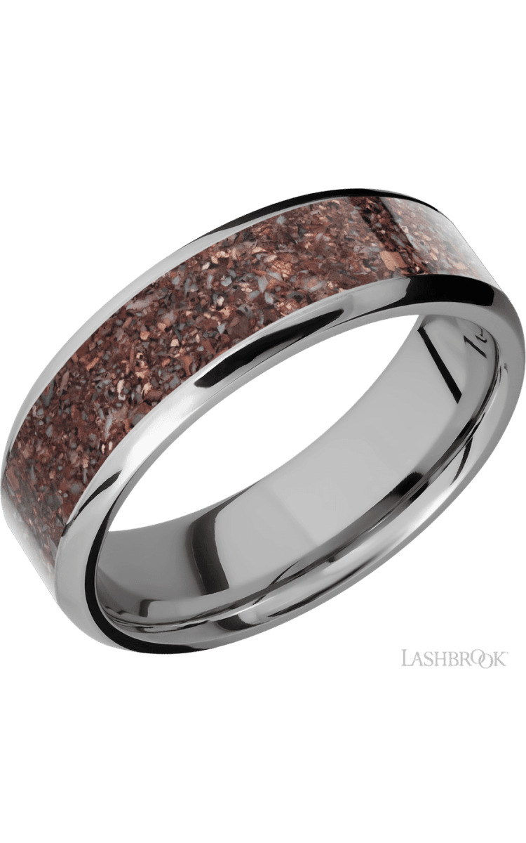 7 mm wide/Beveled/Titanium band with one 5 mm Centered inlay of Dinosaur Bone Mixed. - Diamonds By Rothschild