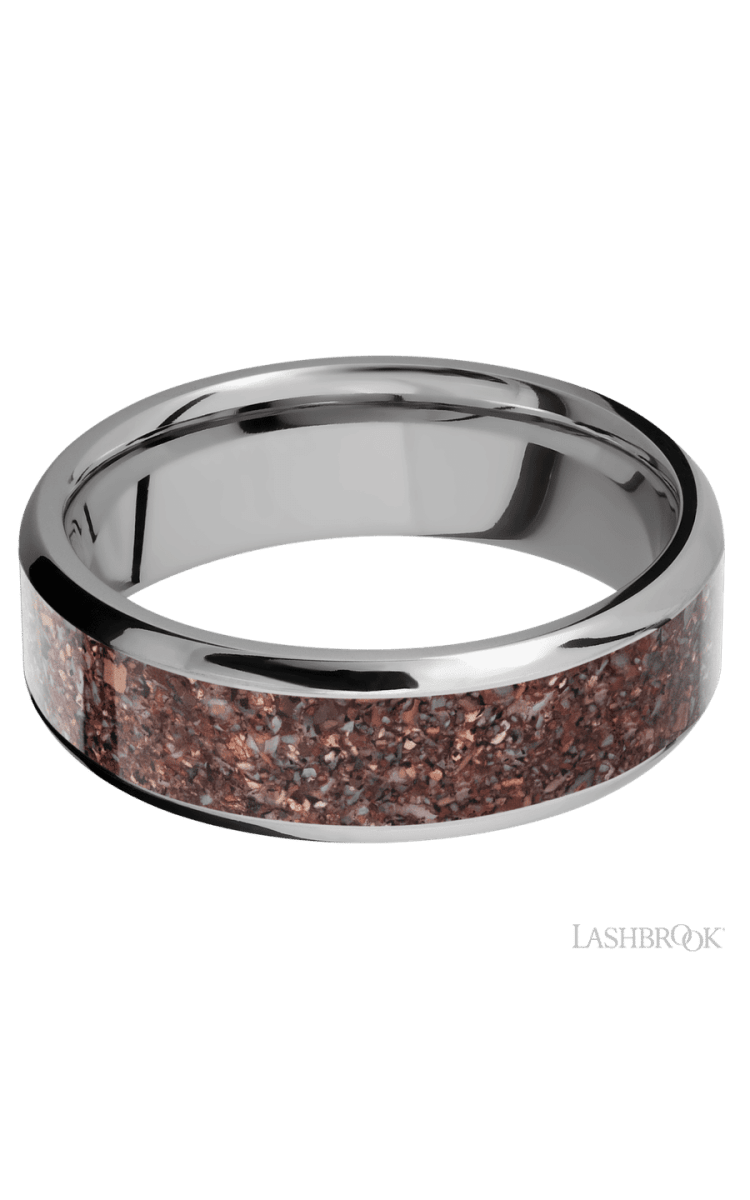 7 mm wide/Beveled/Titanium band with one 5 mm Centered inlay of Dinosaur Bone Mixed. - Diamonds By Rothschild