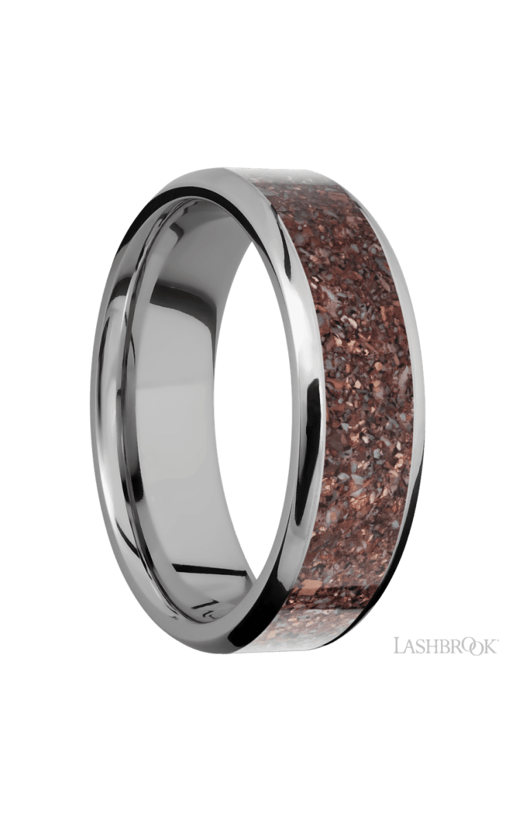 7 mm wide/Beveled/Titanium band with one 5 mm Centered inlay of Dinosaur Bone Mixed. - Diamonds By Rothschild