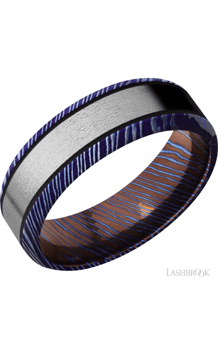 7 mm wide/Beveled/Titanium Damascus band with one 4 mm Centered inlay of Titanium. - Diamonds By Rothschild