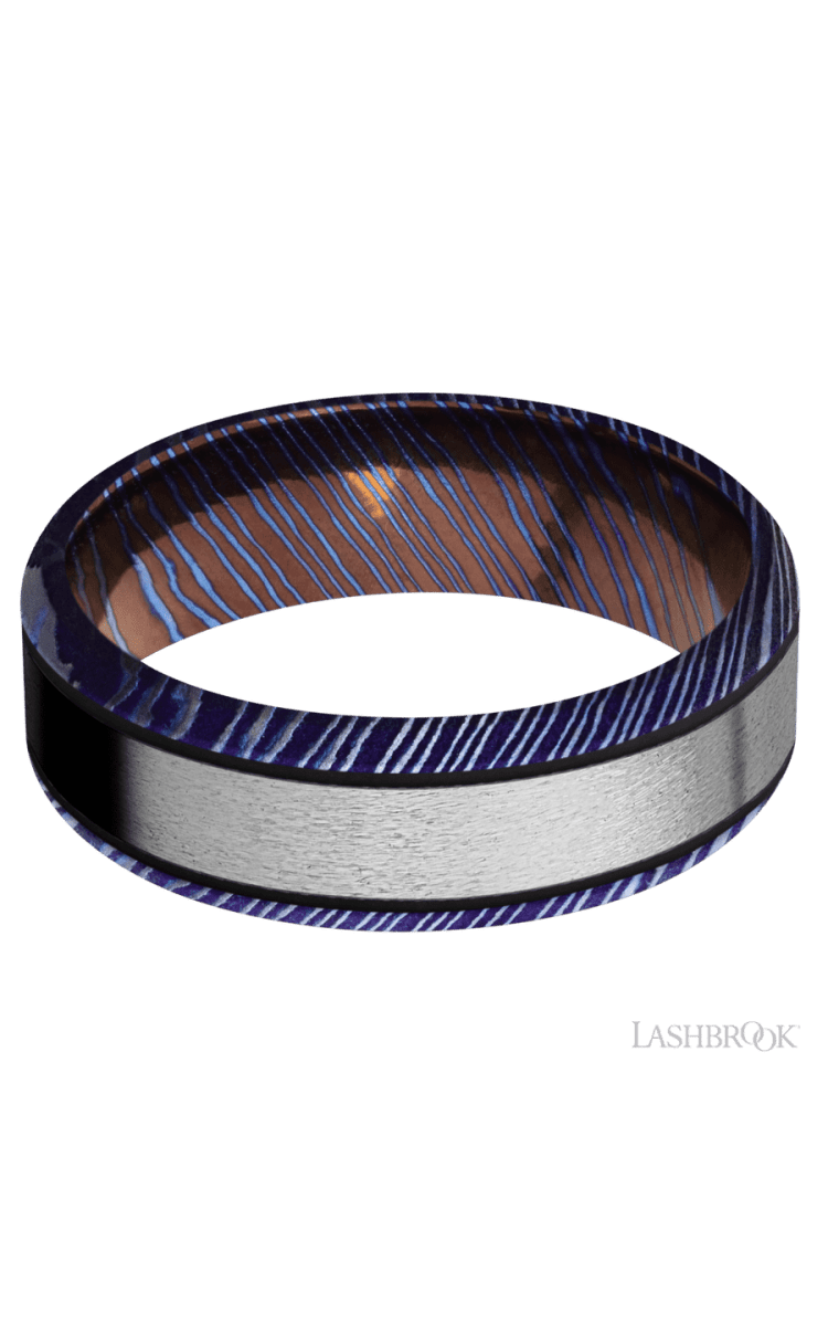 7 mm wide/Beveled/Titanium Damascus band with one 4 mm Centered inlay of Titanium. - Diamonds By Rothschild