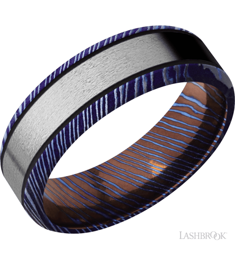7 mm wide/Beveled/Titanium Damascus band with one 4 mm Centered inlay of Titanium. - Diamonds By Rothschild