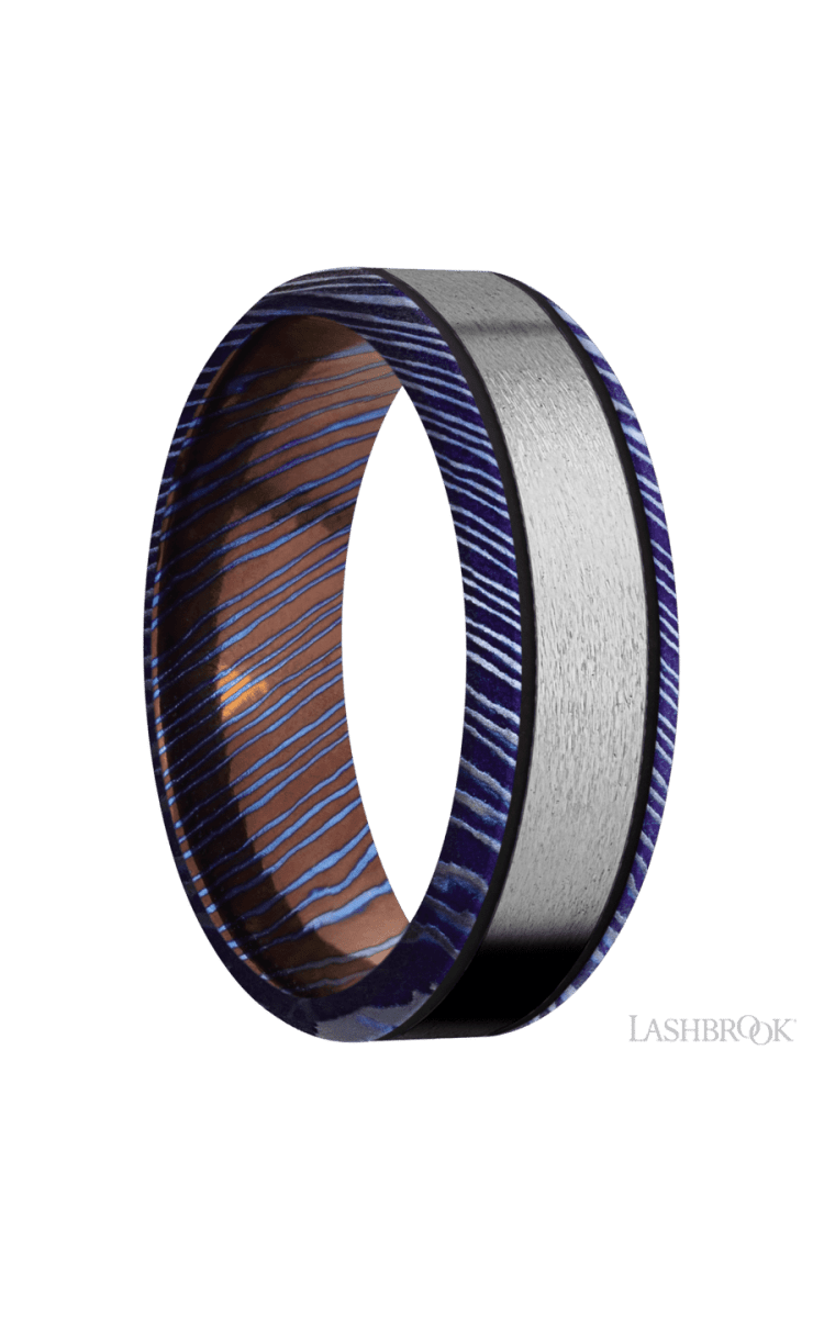 7 mm wide/Beveled/Titanium Damascus band with one 4 mm Centered inlay of Titanium. - Diamonds By Rothschild
