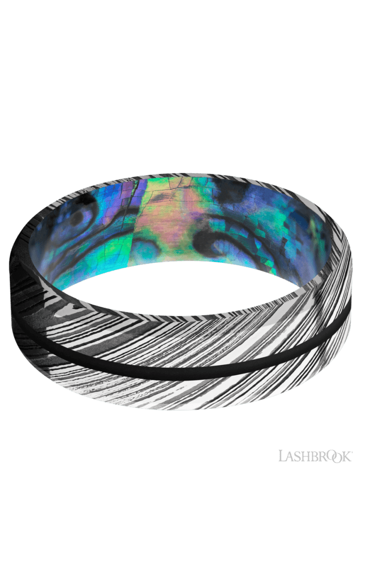 7 mm wide/Beveled/Woodgrain band with one 1 mm Centered inlay of Black also featuring a Abalone sleeve. - Diamonds By Rothschild