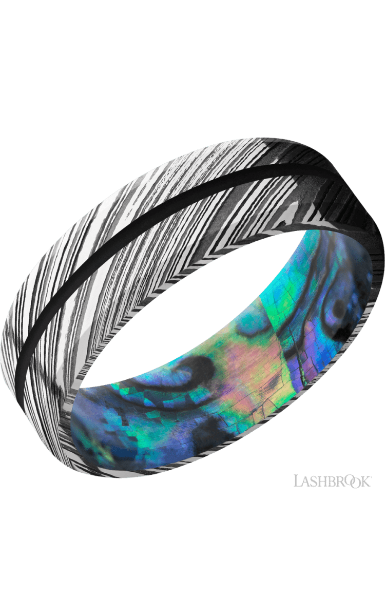 7 mm wide/Beveled/Woodgrain band with one 1 mm Centered inlay of Black also featuring a Abalone sleeve. - Diamonds By Rothschild