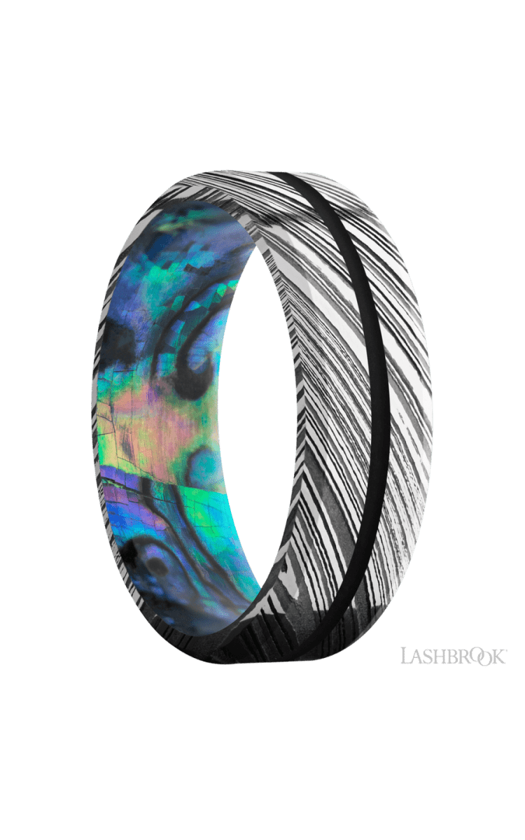 7 mm wide/Beveled/Woodgrain band with one 1 mm Centered inlay of Black also featuring a Abalone sleeve. - Diamonds By Rothschild
