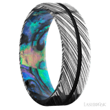 7 mm wide/Beveled/Woodgrain band with one 1 mm Centered inlay of Black also featuring a Abalone sleeve. - Diamonds By Rothschild