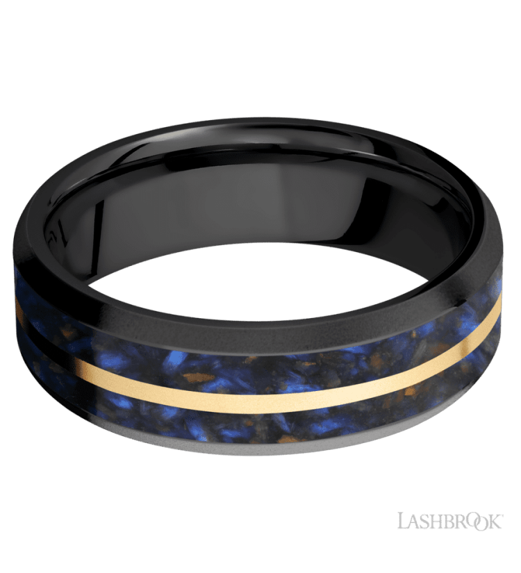 7 mm wide/Beveled/Zirconium band featuring inlays of Blue Tiger Eye and 14K Yellow Gold. - Diamonds By Rothschild