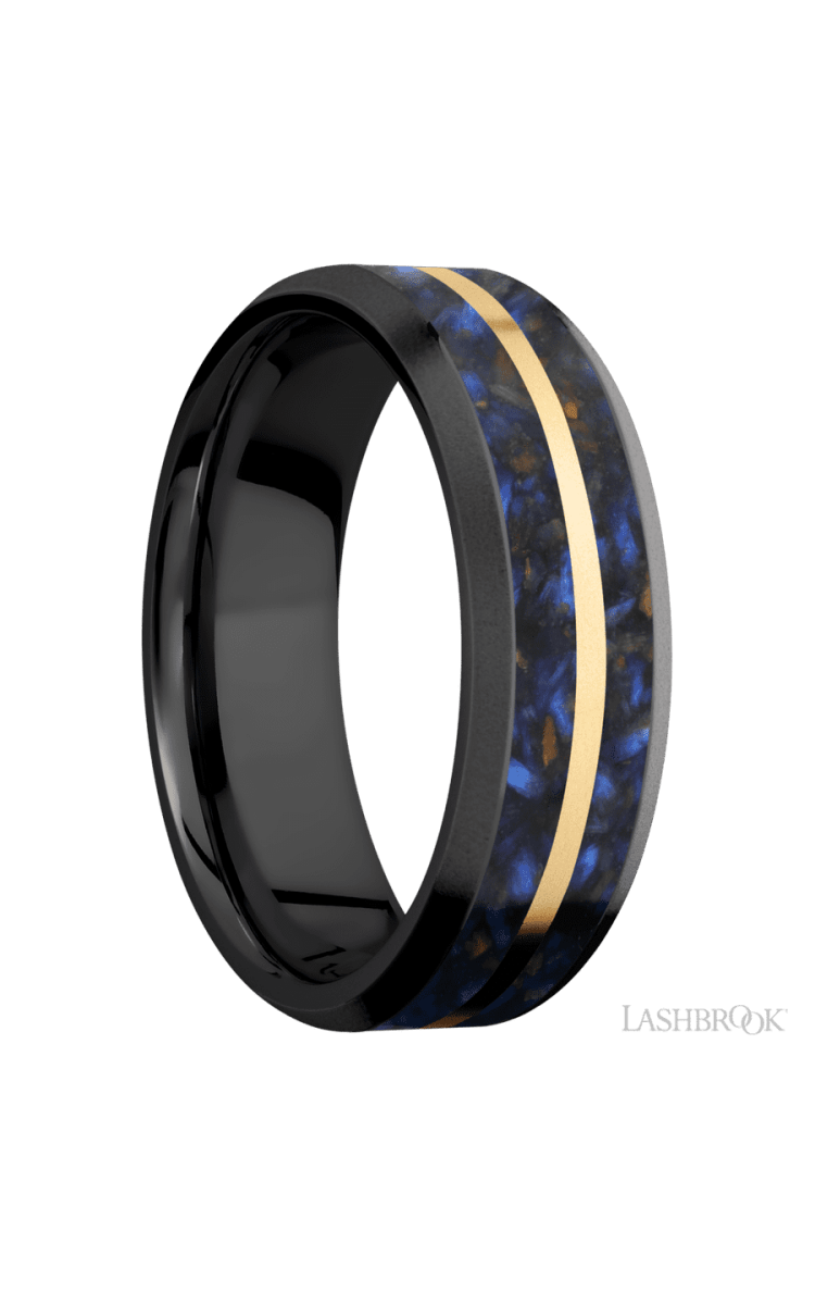 7 mm wide/Beveled/Zirconium band featuring inlays of Blue Tiger Eye and 14K Yellow Gold. - Diamonds By Rothschild