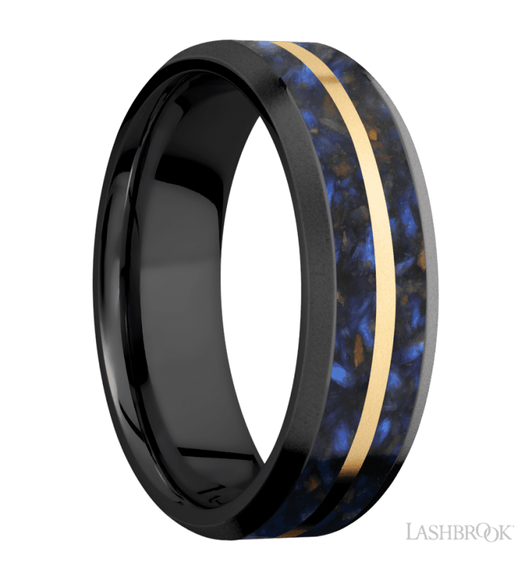 7 mm wide/Beveled/Zirconium band featuring inlays of Blue Tiger Eye and 14K Yellow Gold. - Diamonds By Rothschild