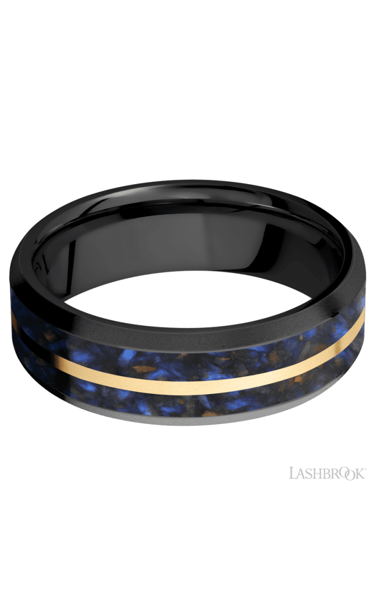 7 mm wide/Beveled/Zirconium band featuring inlays of Blue Tiger Eye and 14K Yellow Gold. - Diamonds By Rothschild