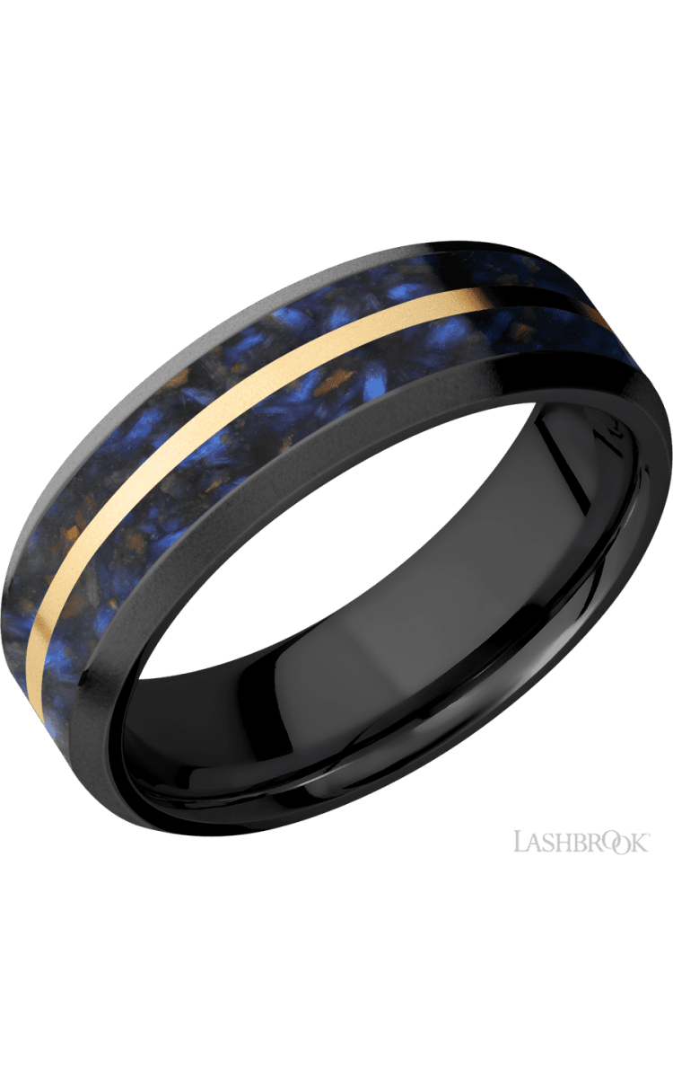 7 mm wide/Beveled/Zirconium band featuring inlays of Blue Tiger Eye and 14K Yellow Gold. - Diamonds By Rothschild