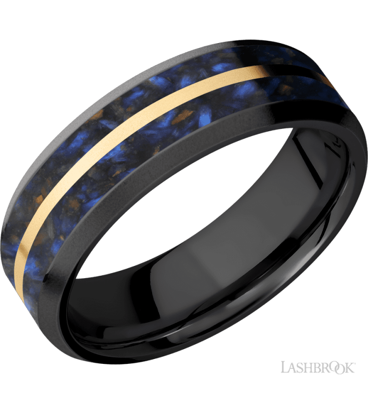 7 mm wide/Beveled/Zirconium band featuring inlays of Blue Tiger Eye and 14K Yellow Gold. - Diamonds By Rothschild