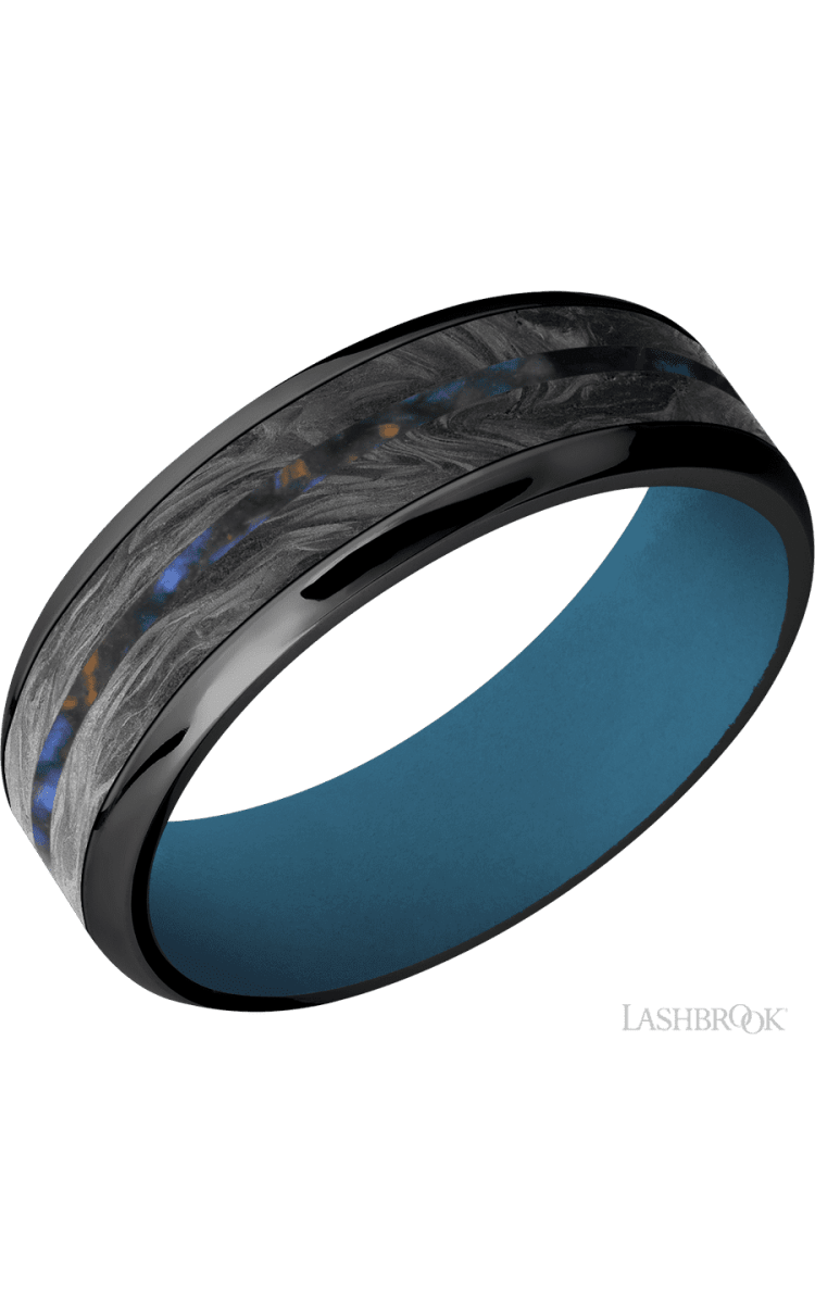7 mm wide/Beveled/Zirconium band featuring inlays of Forged Carbon Fiber and Blue Tiger Eye also featuring a Royal Blue sleeve. - Diamonds By Rothschild