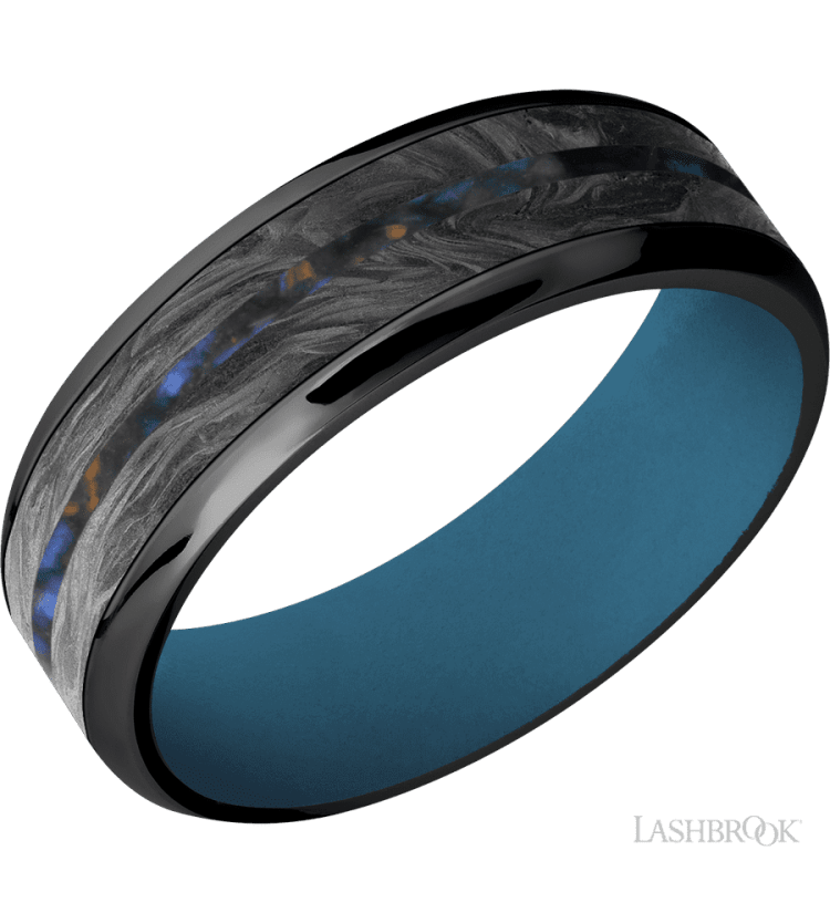 7 mm wide/Beveled/Zirconium band featuring inlays of Forged Carbon Fiber and Blue Tiger Eye also featuring a Royal Blue sleeve. - Diamonds By Rothschild
