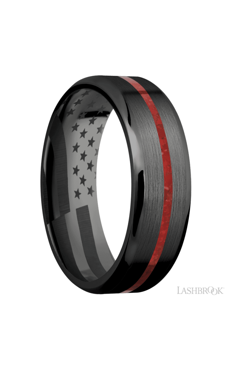 7 mm wide/Beveled/Zirconium band with one 1 mm Centered inlay of Coral. - Diamonds By Rothschild