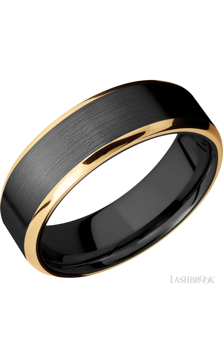 7 mm wide/Beveled/Zirconium band with two 1 mm Edge inlays of 14K Yellow Gold. - Diamonds By Rothschild