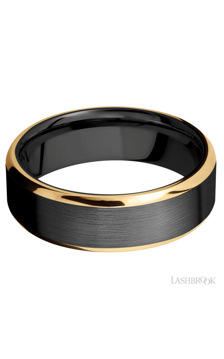 7 mm wide/Beveled/Zirconium band with two 1 mm Edge inlays of 14K Yellow Gold. - Diamonds By Rothschild