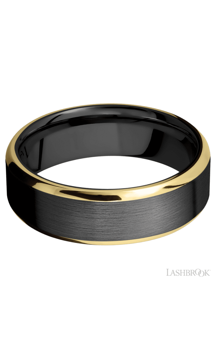 7 mm wide/Beveled/Zirconium band with two 1 mm Edge inlays of 14K Yellow Gold. - Diamonds By Rothschild