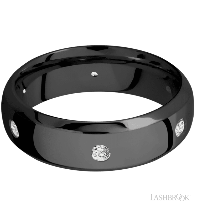 7 mm wide/Domed Bevel/Zirconium band with a 6X Even arrangement of .07 carat Round Diamond stones in a Flush setting. - Diamonds By Rothschild