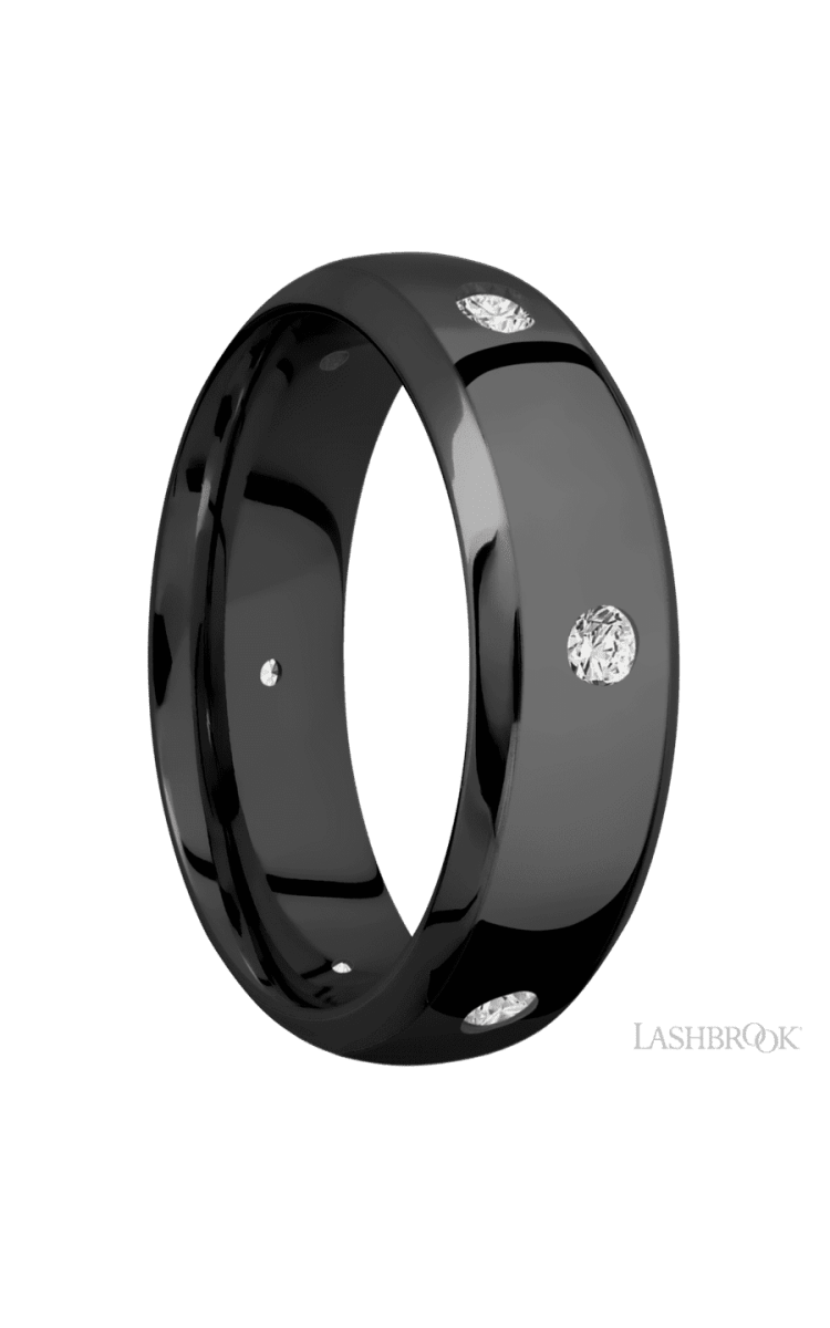 7 mm wide/Domed Bevel/Zirconium band with a 6X Even arrangement of .07 carat Round Diamond stones in a Flush setting. - Diamonds By Rothschild
