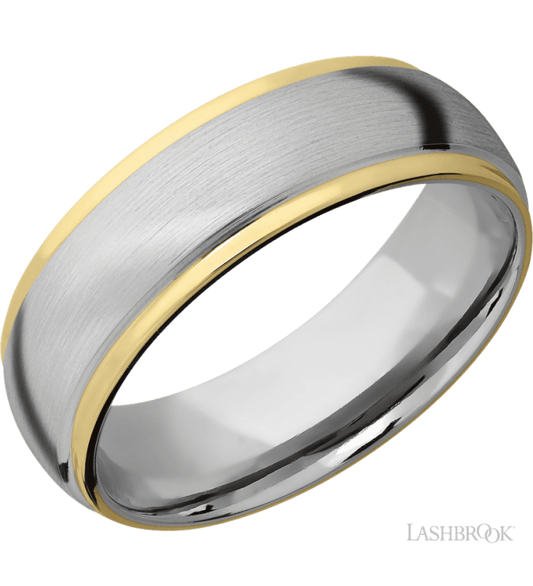 7 mm wide/Domed Stepped Down Edges/14K White Gold band with two 1 mm Edge inlays of 14K Yellow Gold. - Diamonds By Rothschild