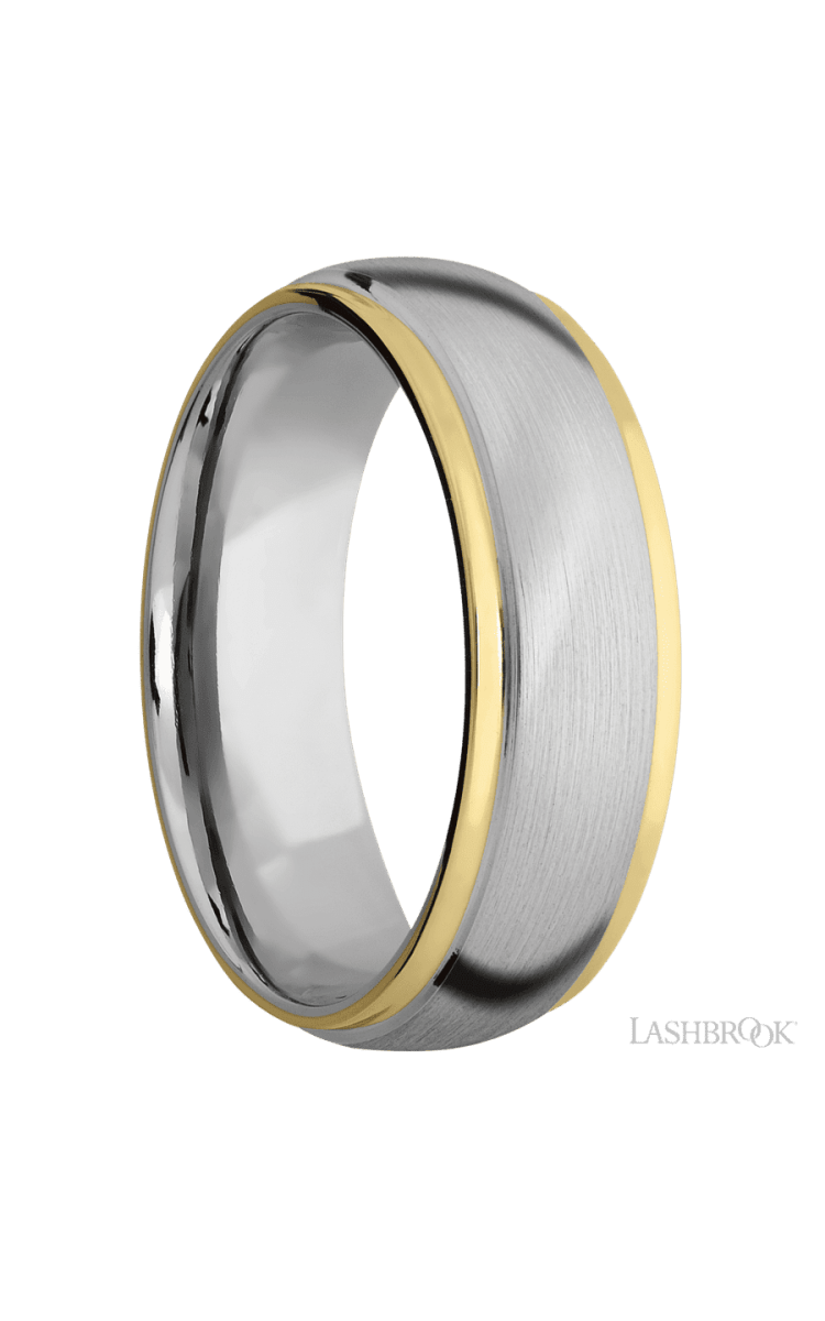 7 mm wide/Domed Stepped Down Edges/14K White Gold band with two 1 mm Edge inlays of 14K Yellow Gold. - Diamonds By Rothschild