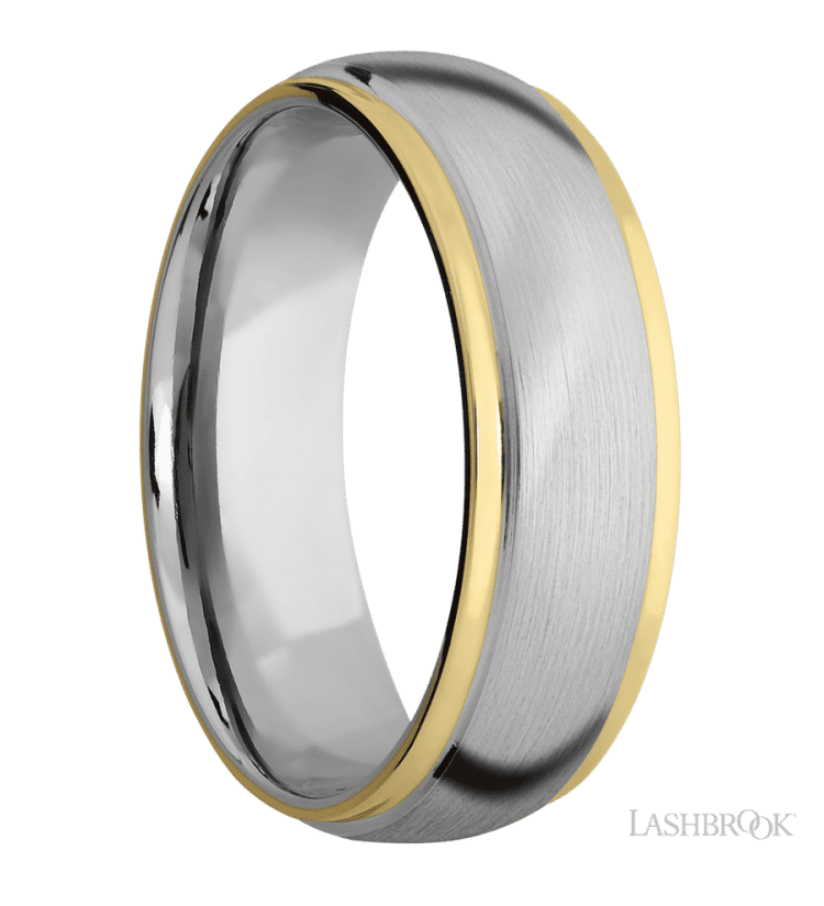 7 mm wide/Domed Stepped Down Edges/14K White Gold band with two 1 mm Edge inlays of 14K Yellow Gold. - Diamonds By Rothschild