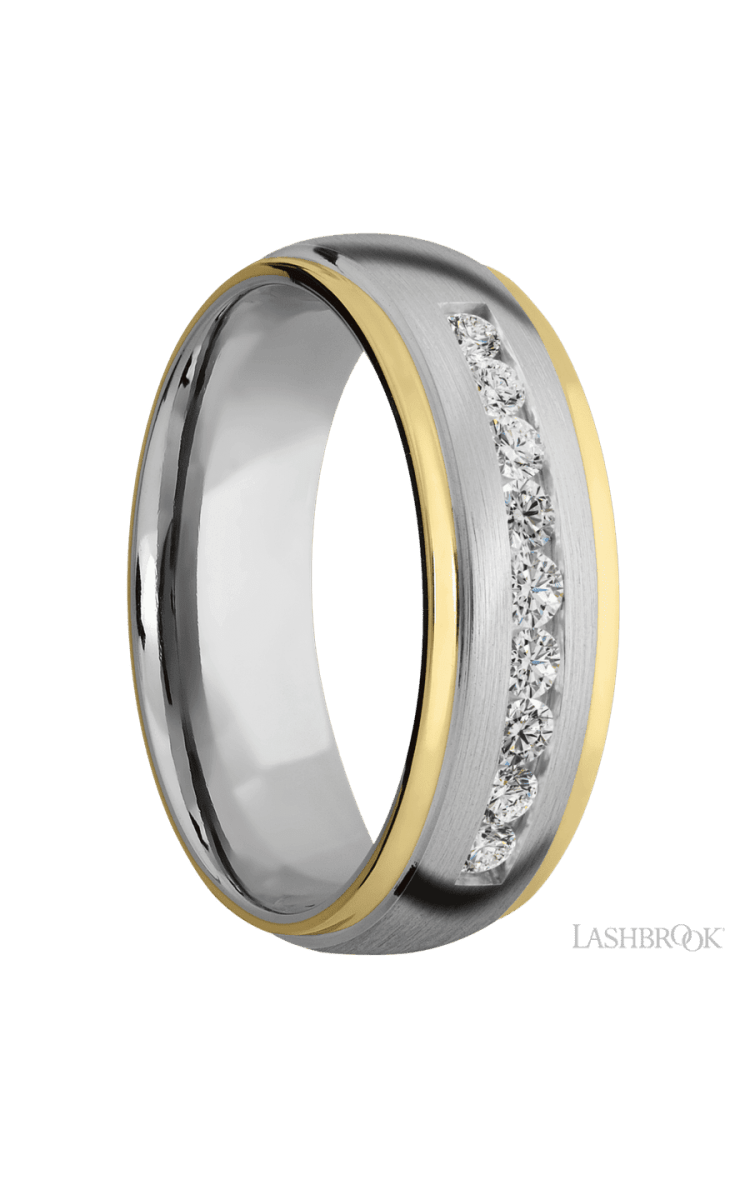 7 mm wide/Domed Stepped Down Edges/Cobalt Chrome band with an arrangement of 9, .05 carat Round Lab Grown Diamond stones in a Channel setting and featuring two 1 mm Edge inlays of 14K Yellow Gold - Diamonds By Rothschild