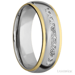 7 mm wide/Domed Stepped Down Edges/Cobalt Chrome band with an arrangement of 9, .05 carat Round Lab Grown Diamond stones in a Channel setting and featuring two 1 mm Edge inlays of 14K Yellow Gold - Diamonds By Rothschild