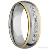 7 mm wide/Domed Stepped Down Edges/Cobalt Chrome band with an arrangement of 9, .05 carat Round Lab Grown Diamond stones in a Channel setting and featuring two 1 mm Edge inlays of 14K Yellow Gold - Diamonds By Rothschild