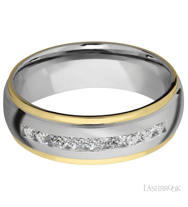 7 mm wide/Domed Stepped Down Edges/Cobalt Chrome band with an arrangement of 9, .05 carat Round Lab Grown Diamond stones in a Channel setting and featuring two 1 mm Edge inlays of 14K Yellow Gold - Diamonds By Rothschild