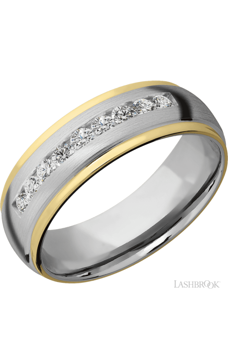7 mm wide/Domed Stepped Down Edges/Cobalt Chrome band with two 1 mm Edge inlays of 14K Yellow Gold and featuring an arrangement of 9, .05 carat Round Diamond stones in a Channel setting - Diamonds By Rothschild